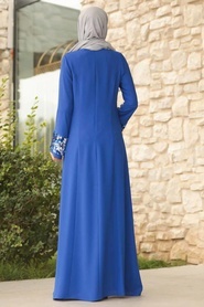 Tesettürlü Abiye Elbise - Kolları Detaylı Sax Mavisi Tesettür Abiye Elbise 38960SX - Thumbnail