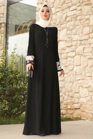 Tesettürlü Abiye Elbise - Kolları Detaylı Siyah Tesettür Abiye Elbise 38960S - Thumbnail