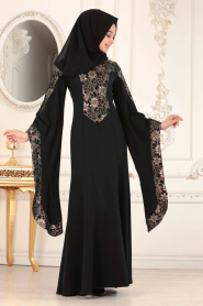 Tesettürlü Abiye Elbise - Kolları Detaylı Siyah Tesettür Abiye Elbise 4020S - Thumbnail