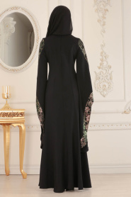 Tesettürlü Abiye Elbise - Kolları Detaylı Siyah Tesettür Abiye Elbise 4020S - Thumbnail