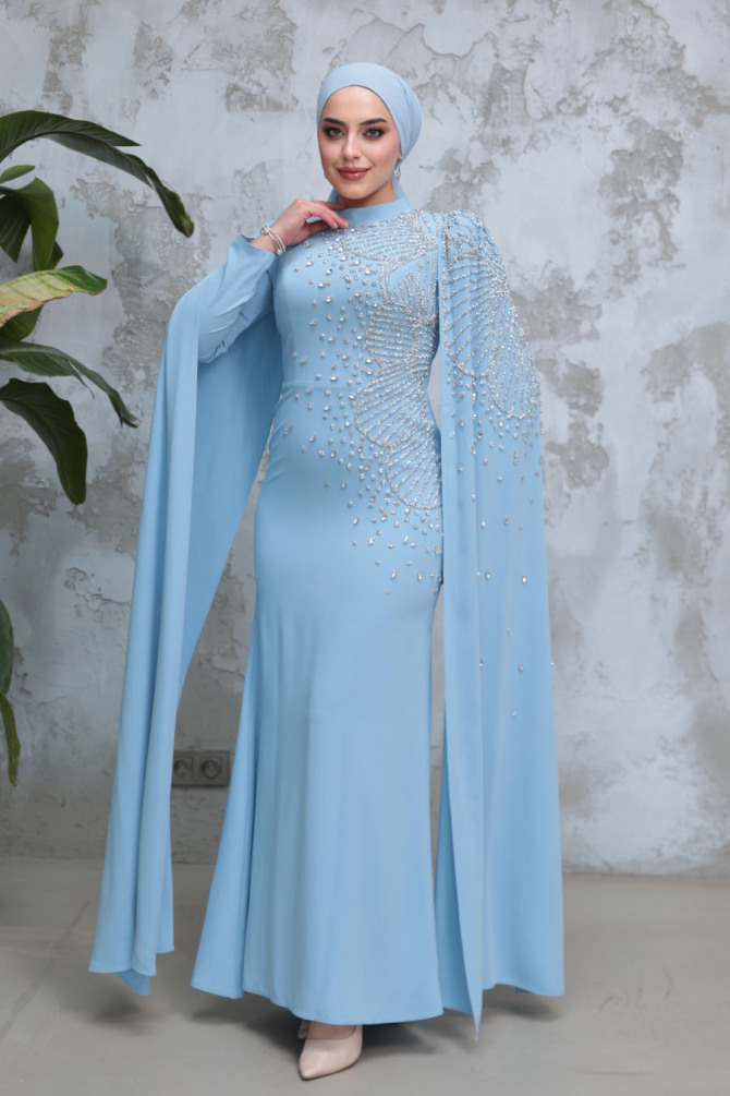 Tesettürlü Abiye Elbise - Kolları Pelerinli Bebek Mavisi Tesettür Abiye Elbise 51671BM - TESETTÜRLÜ ABİYE ELBİSELER