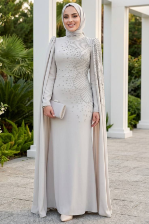 Tesettürlü Abiye Elbise - Kolları Pelerinli Bej Tesettür Abiye Elbise 51671BEJ 