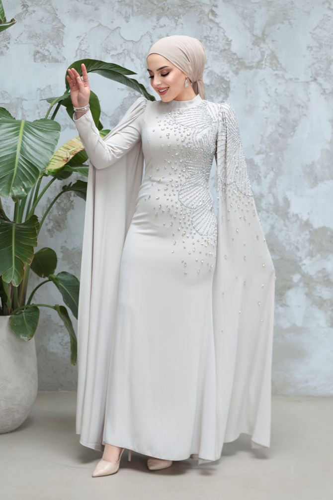 Tesettürlü Abiye Elbise - Kolları Pelerinli Bej Tesettür Abiye Elbise 51671BEJ - 2