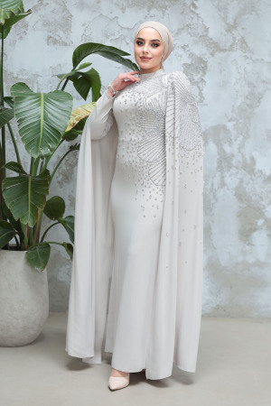 Tesettürlü Abiye Elbise - Kolları Pelerinli Bej Tesettür Abiye Elbise 51671BEJ - 3