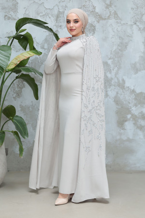 Tesettürlü Abiye Elbise - Kolları Pelerinli Bej Tesettür Abiye Elbise 51681BEJ 