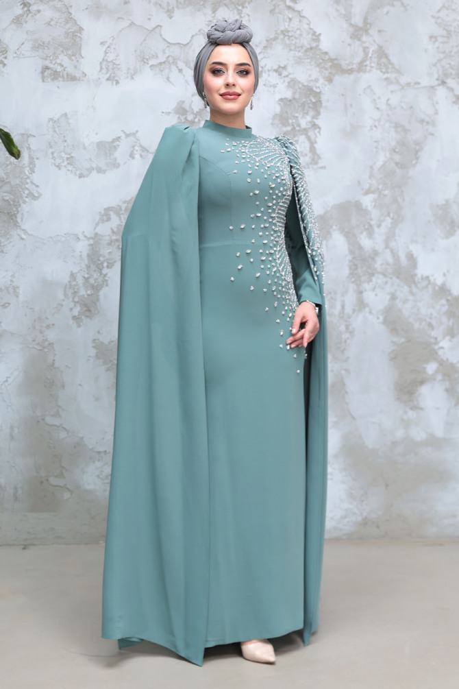 Tesettürlü Abiye Elbise - Kolları Pelerinli Çağla Yeşili Tesettür Abiye Elbise 51671CY - 2