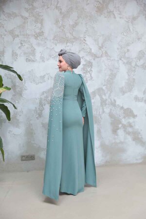 Tesettürlü Abiye Elbise - Kolları Pelerinli Çağla Yeşili Tesettür Abiye Elbise 51671CY - 3