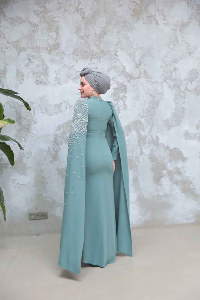 Tesettürlü Abiye Elbise - Kolları Pelerinli Çağla Yeşili Tesettür Abiye Elbise 51671CY - 3