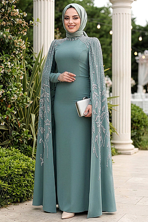 Tesettürlü Abiye Elbise - Kolları Pelerinli Çağla Yeşili Tesettür Abiye Elbise 51681CY 