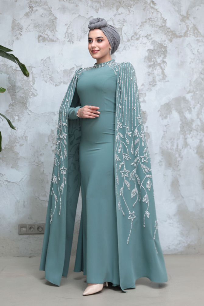 Tesettürlü Abiye Elbise - Kolları Pelerinli Çağla Yeşili Tesettür Abiye Elbise 51681CY - 1