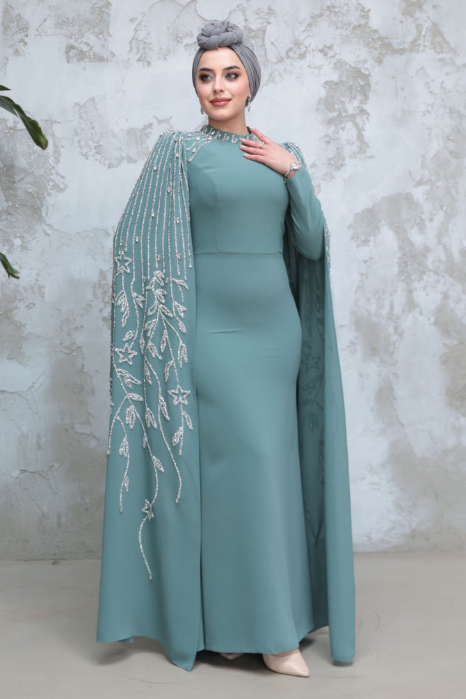 Tesettürlü Abiye Elbise - Kolları Pelerinli Çağla Yeşili Tesettür Abiye Elbise 51681CY - 2