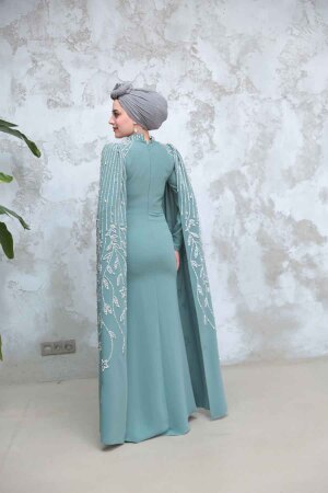 Tesettürlü Abiye Elbise - Kolları Pelerinli Çağla Yeşili Tesettür Abiye Elbise 51681CY - 4