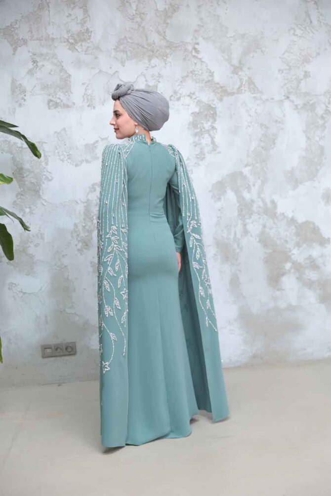 Tesettürlü Abiye Elbise - Kolları Pelerinli Çağla Yeşili Tesettür Abiye Elbise 51681CY - 4