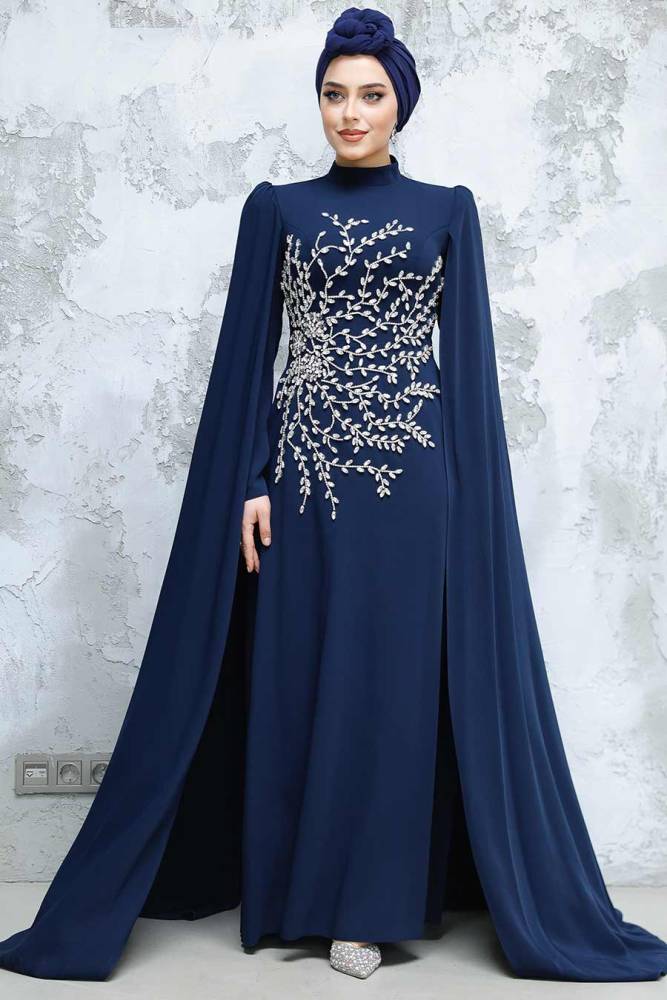 Tesettürlü Abiye Elbise - Kolları Pelerinli Lacivert Tesettür Abiye Elbise 49912L - 1