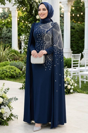 Tesettürlü Abiye Elbise - Kolları Pelerinli Lacivert Tesettür Abiye Elbise 51671L 