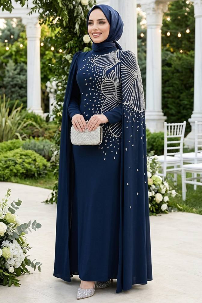 Tesettürlü Abiye Elbise - Kolları Pelerinli Lacivert Tesettür Abiye Elbise 51671L - 1