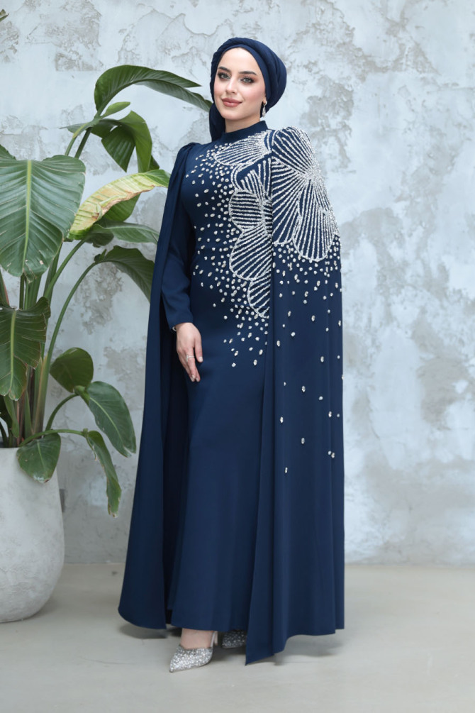 Tesettürlü Abiye Elbise - Kolları Pelerinli Lacivert Tesettür Abiye Elbise 51671L - 1