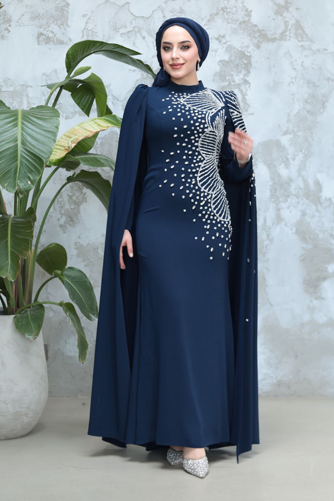 Tesettürlü Abiye Elbise - Kolları Pelerinli Lacivert Tesettür Abiye Elbise 51671L - 2