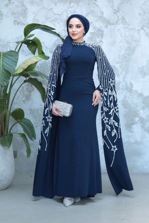 Tesettürlü Abiye Elbise - Kolları Pelerinli Lacivert Tesettür Abiye Elbise 51681L 