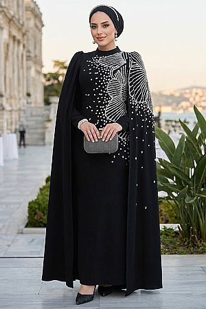 Tesettürlü Abiye Elbise - Kolları Pelerinli Siyah Tesettür Abiye Elbise 51671S - 1
