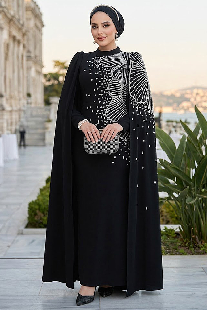 Tesettürlü Abiye Elbise - Kolları Pelerinli Siyah Tesettür Abiye Elbise 51671S - 1
