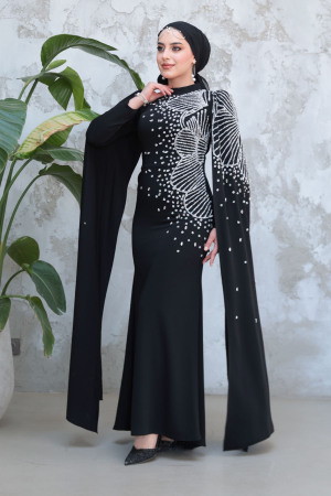 Tesettürlü Abiye Elbise - Kolları Pelerinli Siyah Tesettür Abiye Elbise 51671S - 2