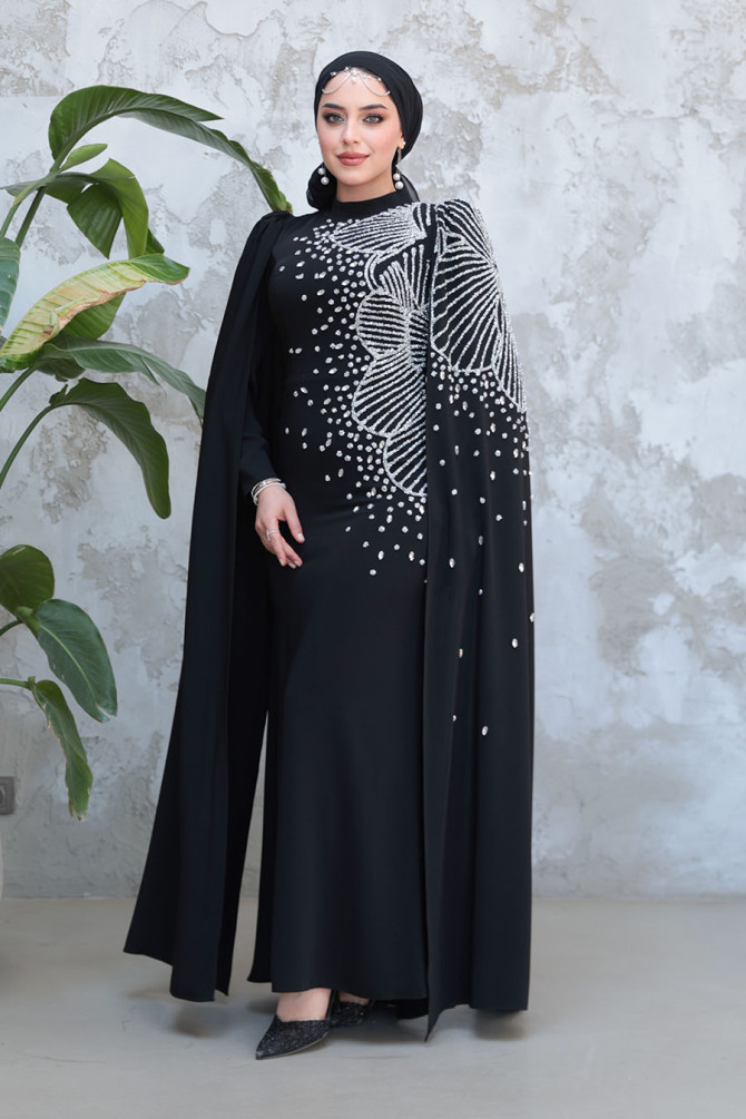 Tesettürlü Abiye Elbise - Kolları Pelerinli Siyah Tesettür Abiye Elbise 51671S - TESETTÜRLÜ ABİYE ELBİSELER