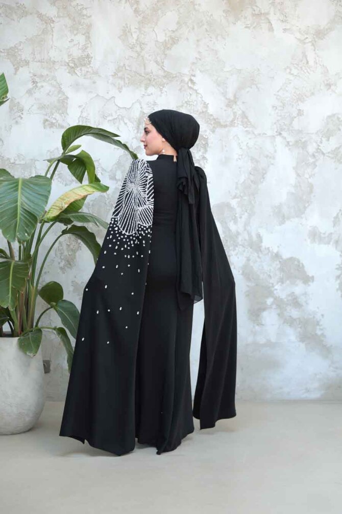 Tesettürlü Abiye Elbise - Kolları Pelerinli Siyah Tesettür Abiye Elbise 51671S - 3