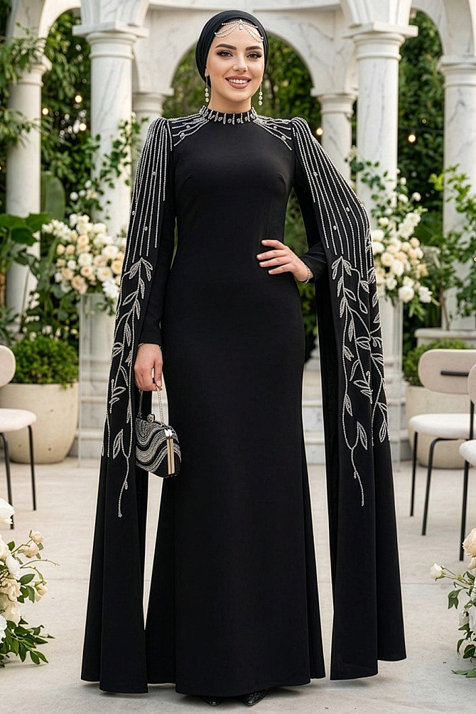 Tesettürlü Abiye Elbise - Kolları Pelerinli Siyah Tesettür Abiye Elbise 51681S - 1