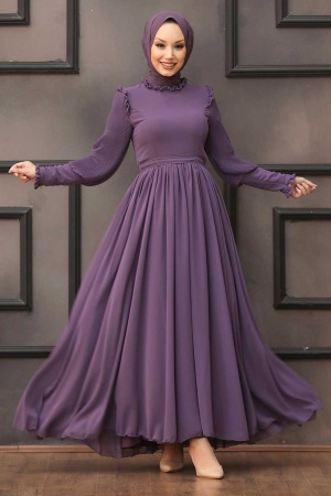 Tesettürlü Abiye Elbise - Kolları Plise Detaylı Lila Tesettür Abiye Elbise 40720LILA - 2