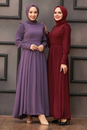 Tesettürlü Abiye Elbise - Kolları Plise Detaylı Lila Tesettür Abiye Elbise 40720LILA - 3