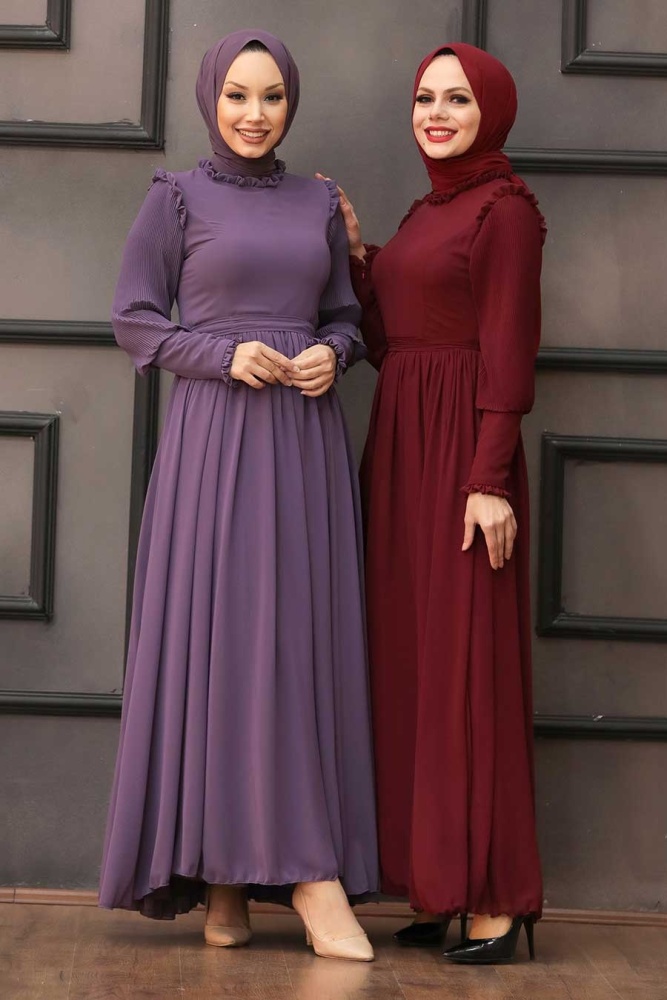 Tesettürlü Abiye Elbise - Kolları Plise Detaylı Lila Tesettür Abiye Elbise 40720LILA - 3