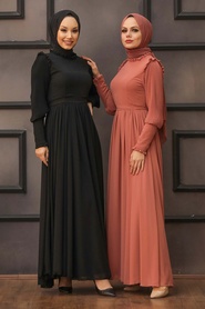 Tesettürlü Abiye Elbise - Kolları Plise Detaylı Siyah Tesettür Abiye Elbise 40720S - Thumbnail