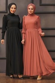 Tesettürlü Abiye Elbise - Kolları Plise Detaylı Siyah Tesettür Abiye Elbise 40720S - Thumbnail