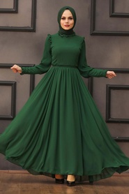 Tesettürlü Abiye Elbise - Kolları Plise Detaylı Yeşil Tesettür Abiye Elbise 40720Y - Thumbnail
