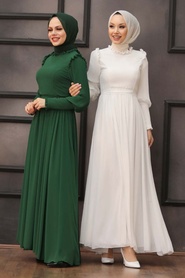 Tesettürlü Abiye Elbise - Kolları Plise Detaylı Yeşil Tesettür Abiye Elbise 40720Y - Thumbnail