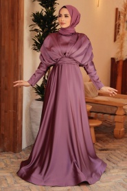 Tesettürlü Abiye Elbise - Koyu Gül Kurusu Saten Tesettür Abiye Elbise 22470KGK - Thumbnail