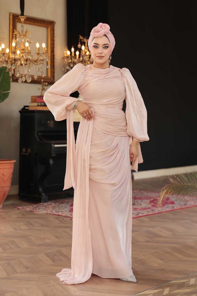 Tesettürlü Abiye Elbise - Kuyruk Detaylı Pudra Tesettür Abiye Elbise 48491PD - N.S NEVA STYLE