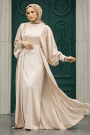 Tesettürlü Abiye Elbise - Kuyruklu Bej Tesettür Saten Abiye Elbise 60201BEJ - Thumbnail