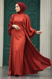 Tesettürlü Abiye Elbise - Kuyruklu Kiremit Tesettür Saten Abiye Elbise 60201KRMT - Thumbnail