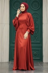 Tesettürlü Abiye Elbise - Kuyruklu Kiremit Tesettür Saten Abiye Elbise 60201KRMT - Thumbnail