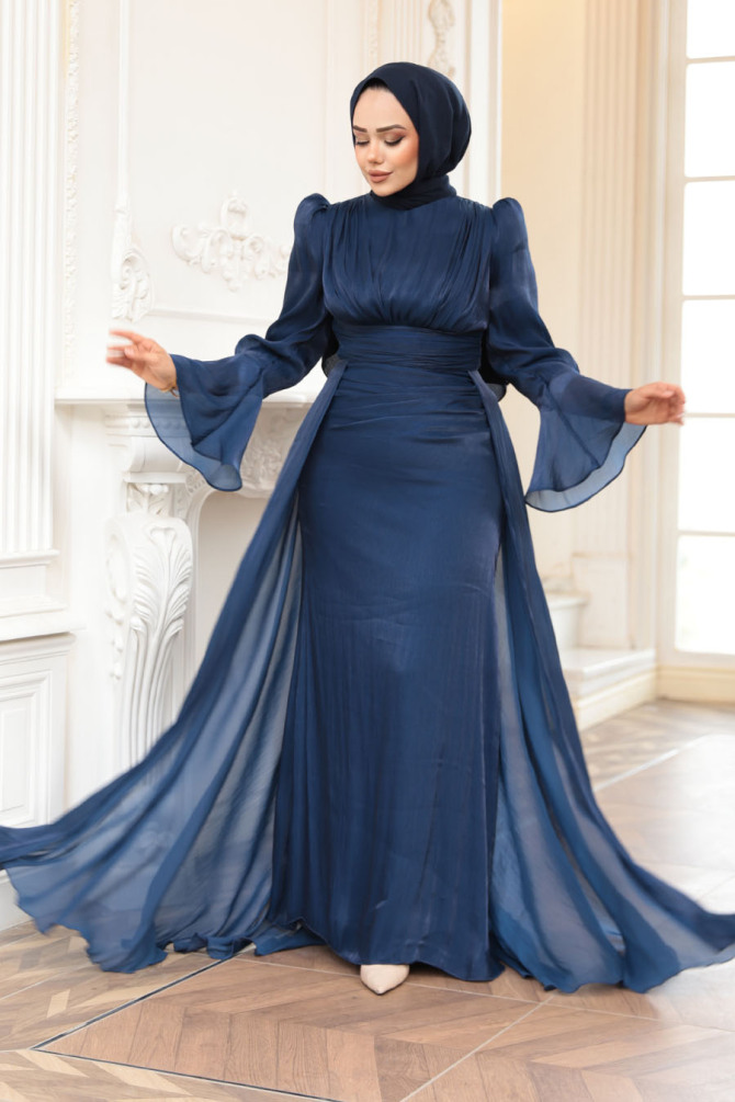 Tesettürlü Abiye Elbise - Kuyruklu Lacivert Tesettür Abiye Elbise 4986L - 2