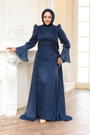 Tesettürlü Abiye Elbise - Kuyruklu Lacivert Tesettür Abiye Elbise 4986L - 3