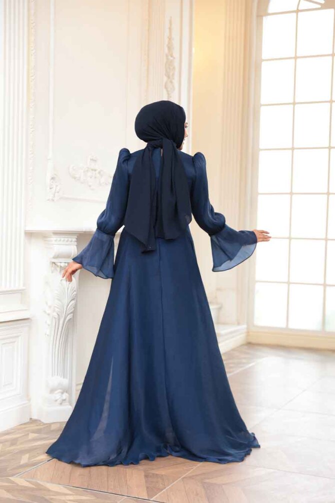 Tesettürlü Abiye Elbise - Kuyruklu Lacivert Tesettür Abiye Elbise 4986L - 4