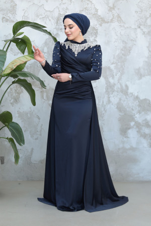 Tesettürlü Abiye Elbise - Kuyruklu Lacivert Tesettür Saten Abiye Elbise 51312L - 3