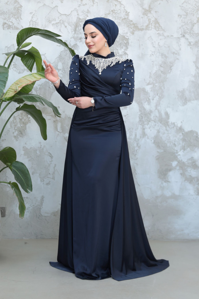 Tesettürlü Abiye Elbise - Kuyruklu Lacivert Tesettür Saten Abiye Elbise 51312L - 3