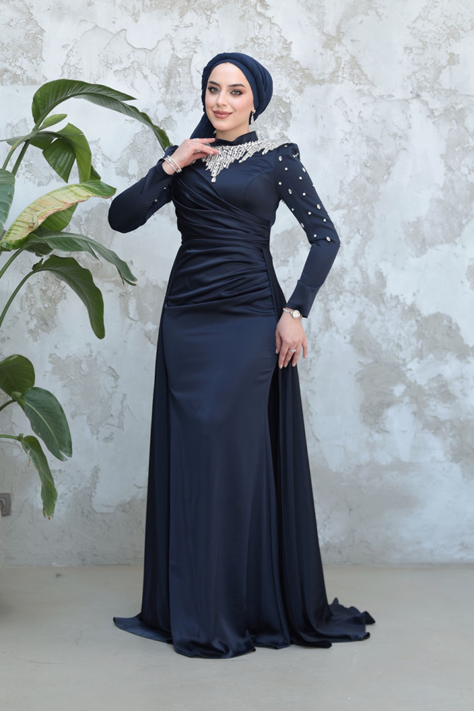 Tesettürlü Abiye Elbise - Kuyruklu Lacivert Tesettür Saten Abiye Elbise 51312L - 2