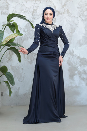 Tesettürlü Abiye Elbise - Kuyruklu Lacivert Tesettür Saten Abiye Elbise 51312L - TESETTÜRLÜ ABİYE ELBİSELER