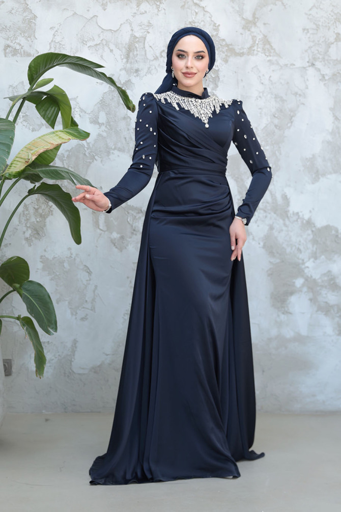 Tesettürlü Abiye Elbise - Kuyruklu Lacivert Tesettür Saten Abiye Elbise 51312L - 1