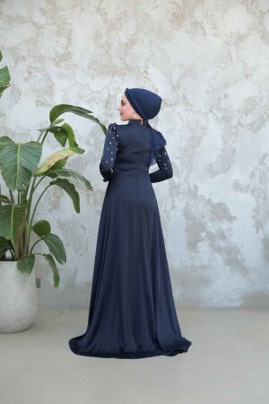 Tesettürlü Abiye Elbise - Kuyruklu Lacivert Tesettür Saten Abiye Elbise 51312L - 5